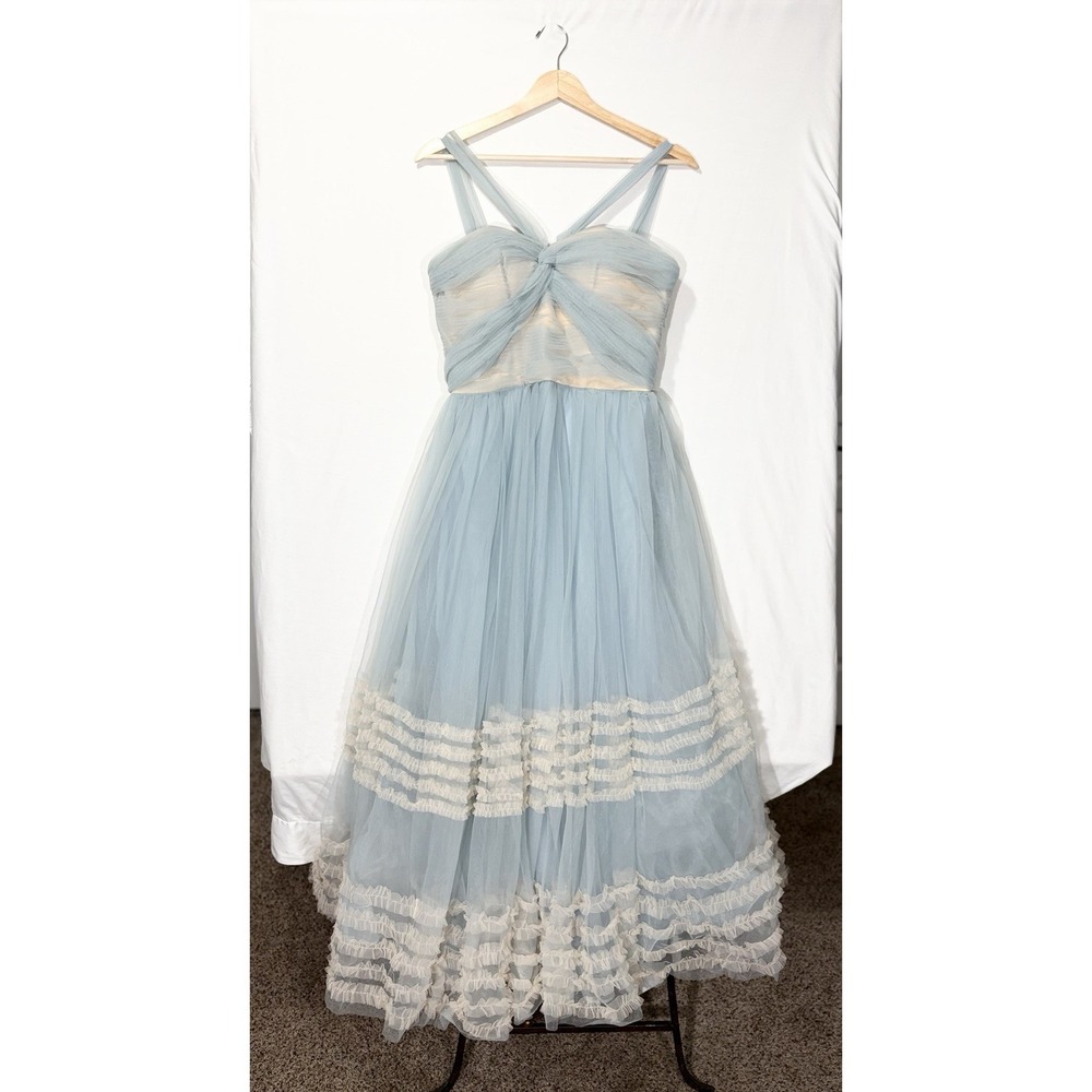 Miss Rosier Jasmine Blue Ruched Mesh Maxi Dress Women’s Large Formal Tulle NWT